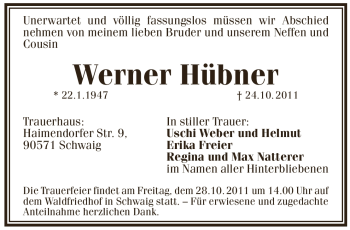 Traueranzeige von Werner Huebner von Pegnitz-Zeitung